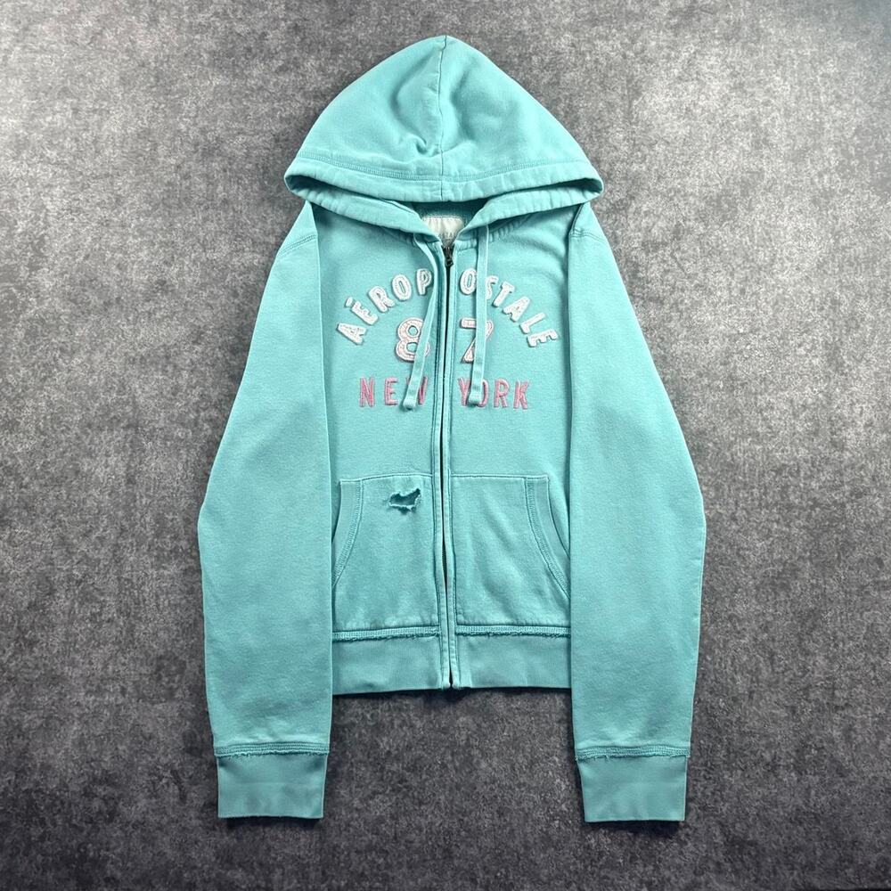 Aeropostale Womens L Aqua 87 New York Full Zip Hoodie Y2K McBling Fleece